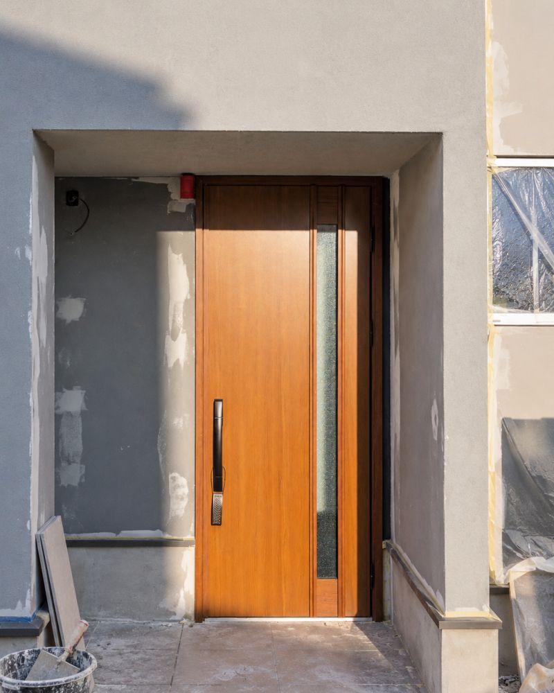 Door with side glass panel during installation