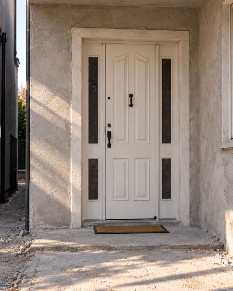 White door with glass sidelights during installation